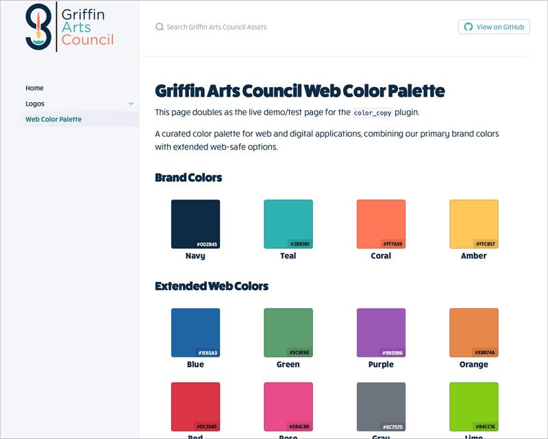 Griffin Arts Council asset library showing sidebar navigation, site search, and labeled swatches in its web color palette