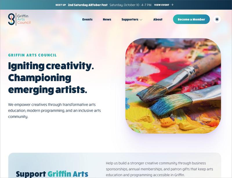 Griffin Arts Council homepage on a desktop screen, with navigation across the top and the introduction beside a large painting image