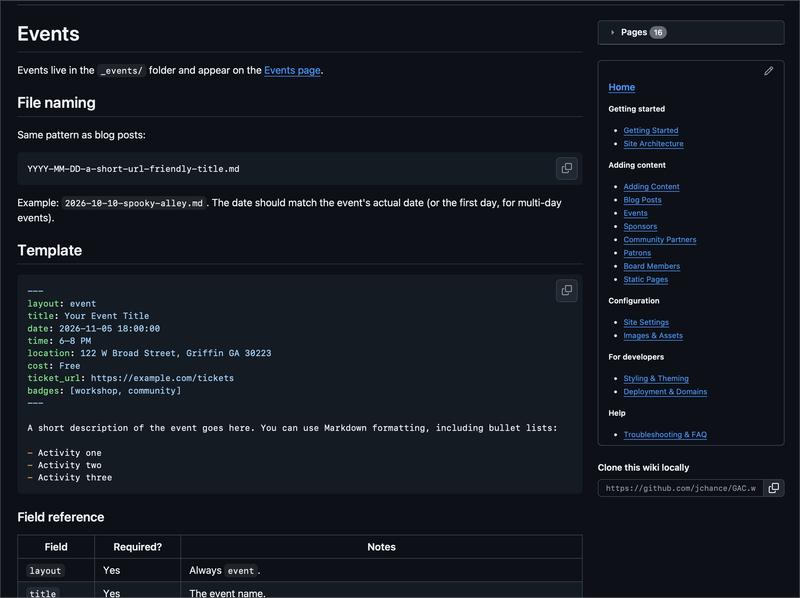 The Griffin Arts Council GitHub wiki Events guide, showing the event filename convention and a reusable Markdown front matter template