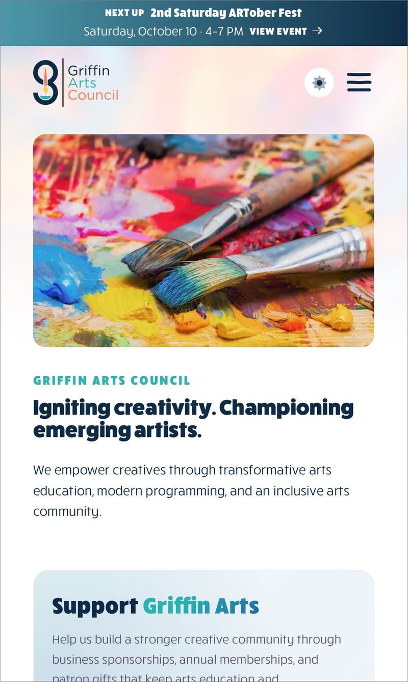 Griffin Arts Council homepage on a phone screen, with a menu button and the artwork stacked above the introduction