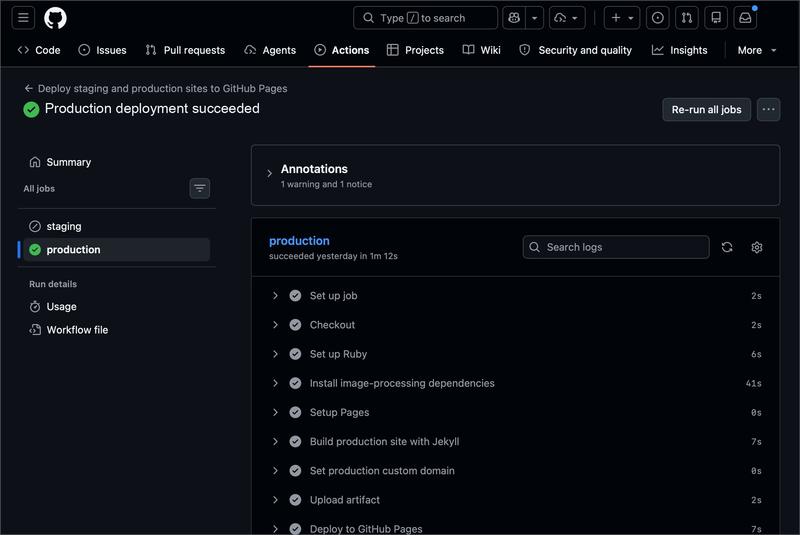GitHub Actions workflow showing a successful Griffin Arts Council production build and GitHub Pages deployment, with account, repository, and pull request identifiers redacted